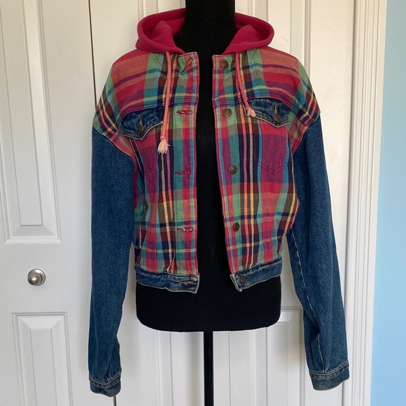 Rare Vintage Jordache Medium Denim with Colorful Plaid Accents Button Up Jacket - Picture 8 of 10